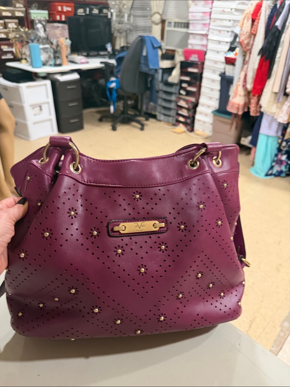 Versace 19V69 Italia Wine Purple Perforated Flower Tote Handbag 123-76